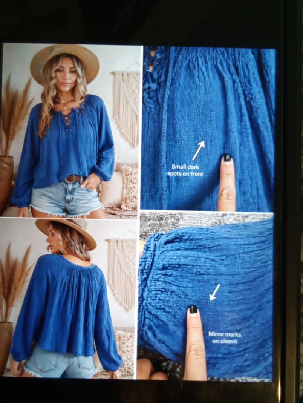 We The Free Slate Blue Gauze Tie-Front Peasant Blouse Boho Lace Front Womens L